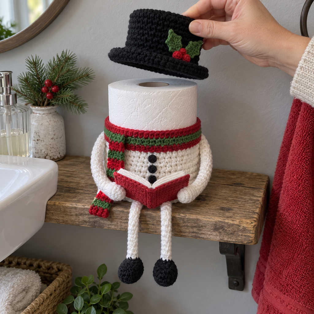 An adult hand lifting the Snowman top hat above the exposed toilet paper roll, with the holder seated on a wooden shelf holding an open red book.