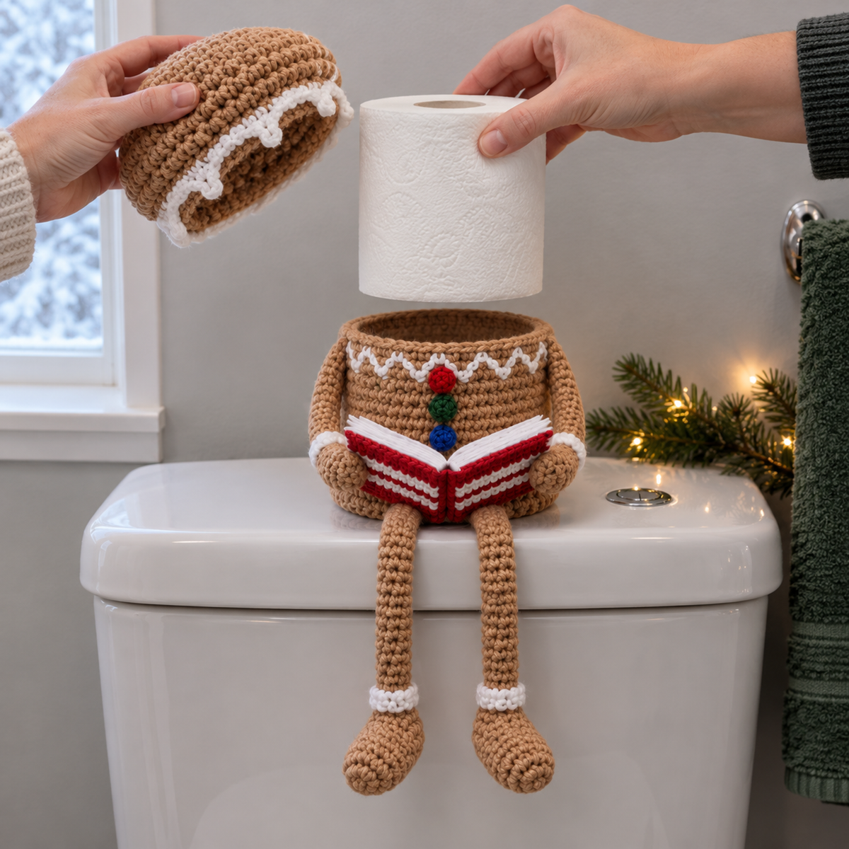 Two adult hands holding the lifted Gingerbread hat and an upright spare toilet paper roll above the cup, while the holder sits on a cistern lid with its open striped book and hanging legs.
