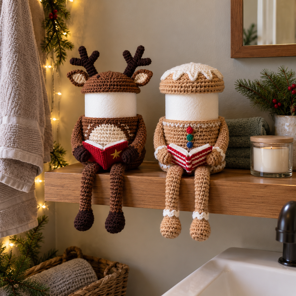 Reindeer and Gingerbread crochet toilet roll holders sitting together on a bathroom shelf beside folded towels and a candle, holding open books with their legs hanging.