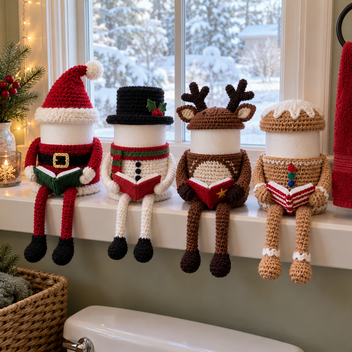 Santa, Snowman, Reindeer and Gingerbread crochet toilet roll holders reading open books in a row on a bathroom windowsill with snow outside.