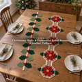 Holly and poinsettia crochet table runners lie side by side on a wooden Christmas dining table with plates and linen napkins, with the product title across the center.