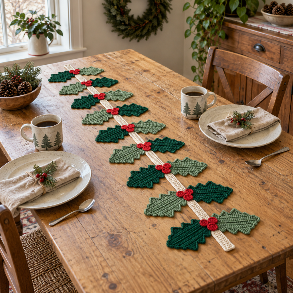 Forest-green and sage crochet holly leaves with red berries run along a cream spine on a wooden table set with ceramic mugs, plates and linen napkins.