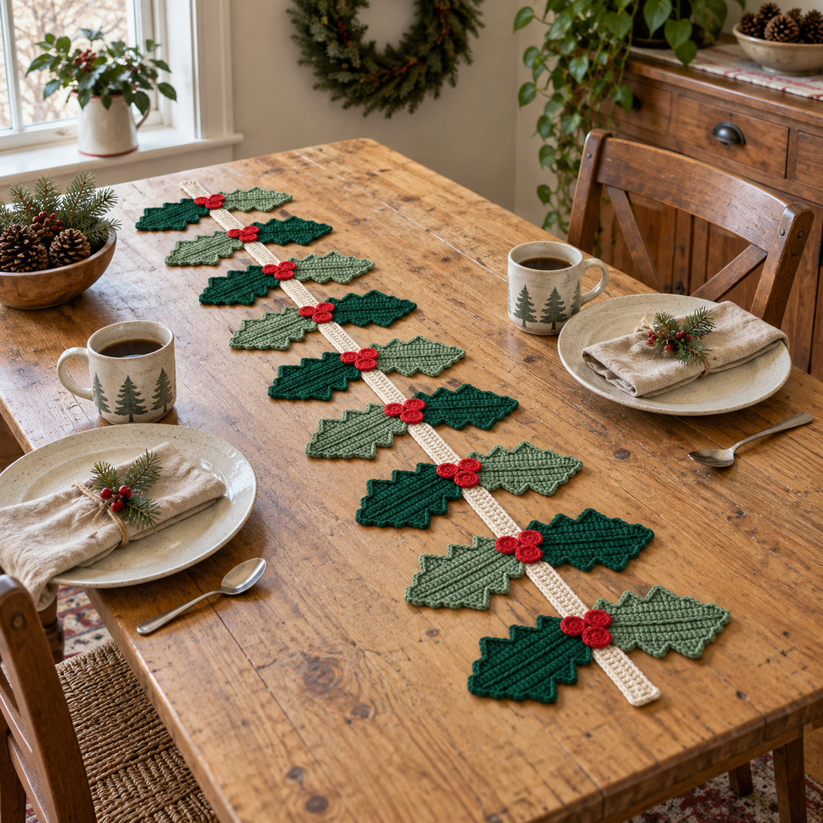 Forest-green and sage crochet holly leaves with red berries run along a cream spine on a wooden table set with ceramic mugs, plates and linen napkins.