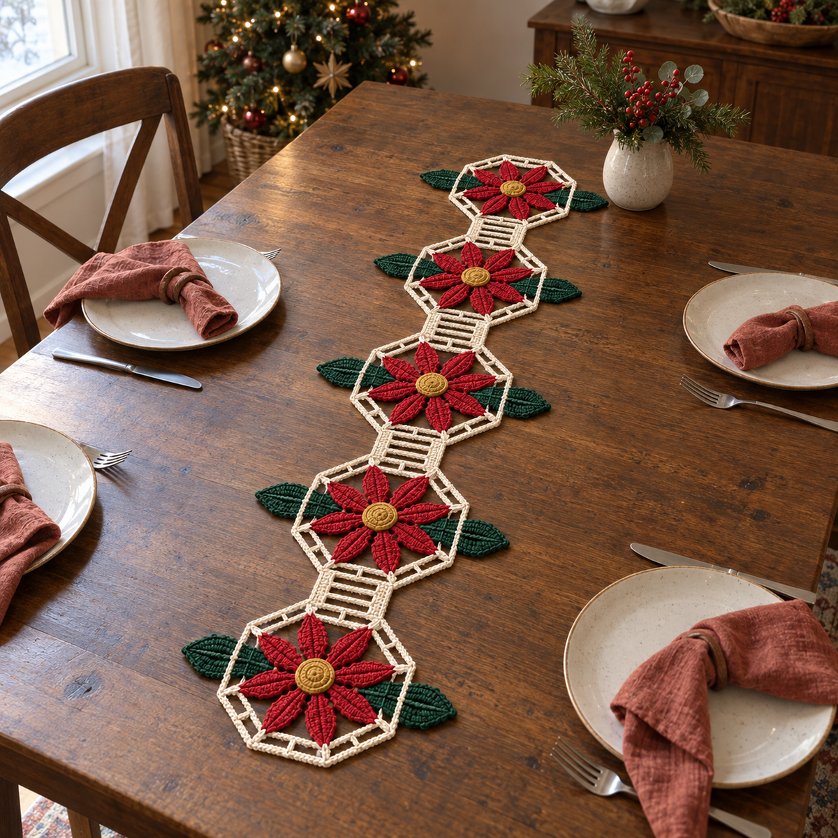 Red crochet poinsettia flowers with gold centers and green leaves are connected by open cream lace on a wooden Christmas dining table.