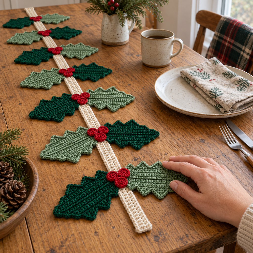 An adult hand touches a sage crochet holly leaf beside red berries on a cream-spined table runner, with a mug and plate nearby.