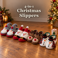 4-in-1 Christmas Slippers title above four character slipper pairs shown at a three-quarter angle beside a cocoa mug and Christmas tree.