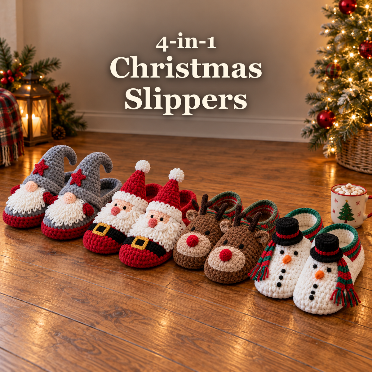 4-in-1 Christmas Slippers title above four character slipper pairs shown at a three-quarter angle beside a cocoa mug and Christmas tree.