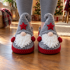 Grey leggings with grey and red Star Gnome slippers featuring curled hats, red stars and white loop beards.