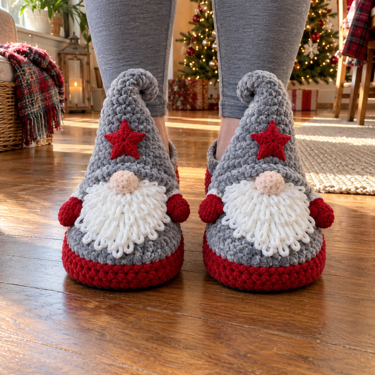 Grey leggings with grey and red Star Gnome slippers featuring curled hats, red stars and white loop beards.
