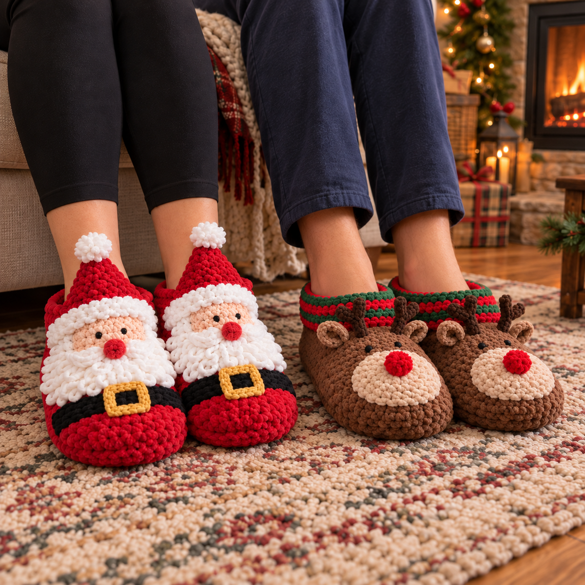 Two adults seated on a sofa wearing Santa and Reindeer crochet slippers, with their feet resting naturally on a rug beside a fireplace.