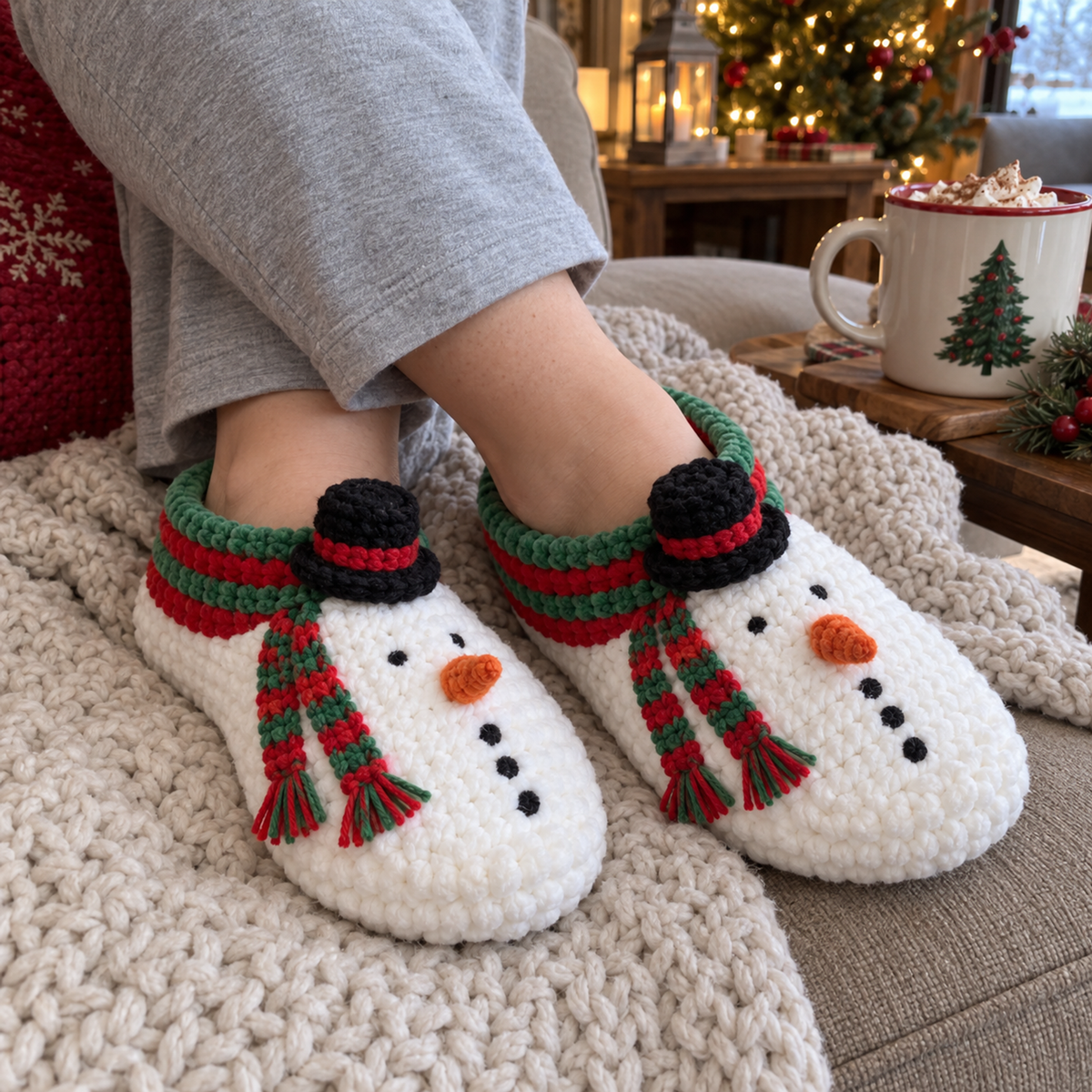 Crossed ankles wearing white Snowman slippers with carrot noses and striped scarf tails on a knitted sofa throw.