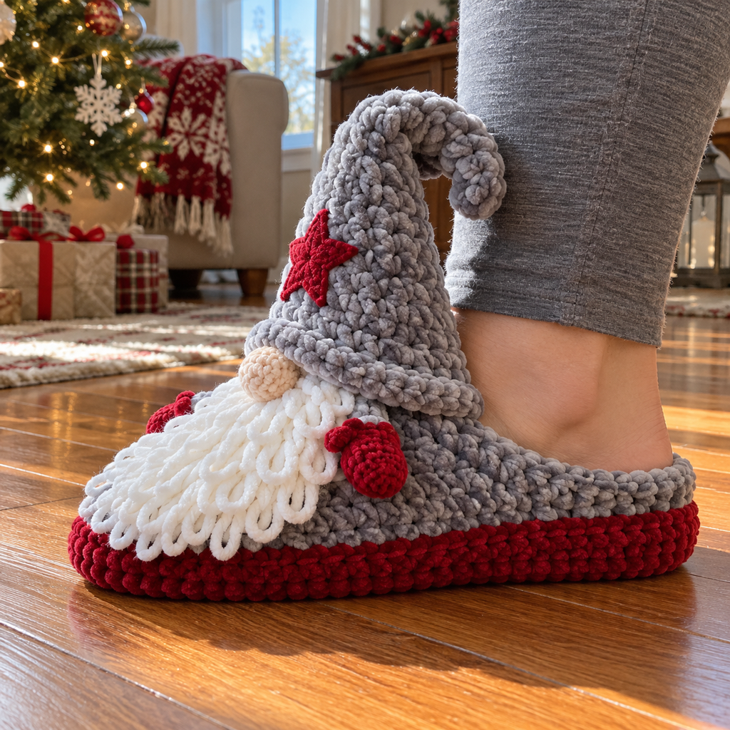 Side view of a worn Star Gnome slipper showing its low heel cup and curled grey hat.