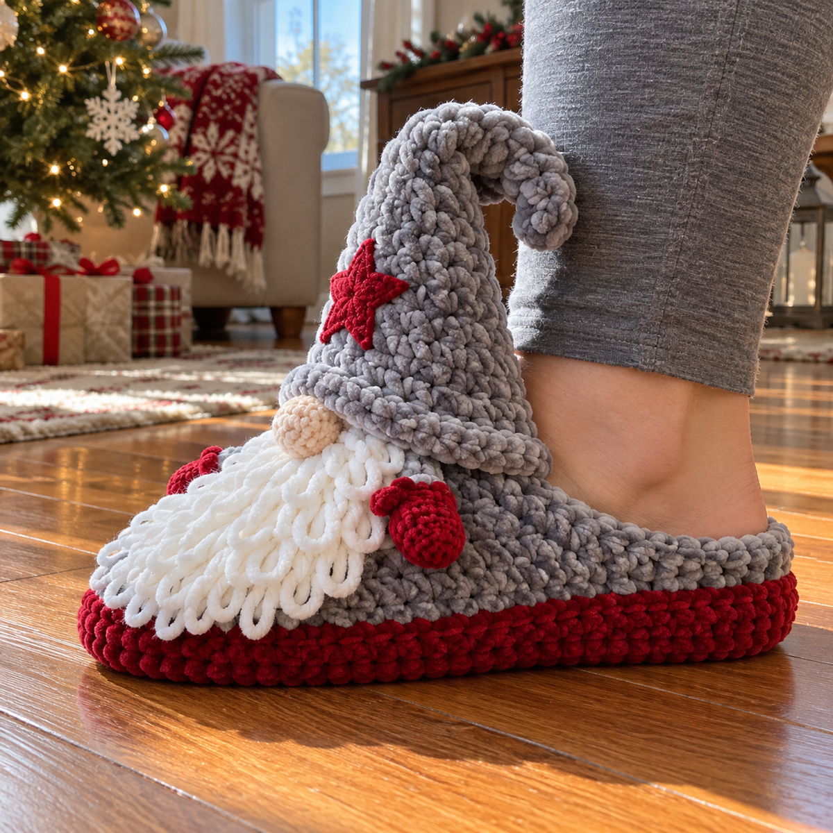 Side view of a worn Star Gnome slipper showing its low heel cup and curled grey hat.