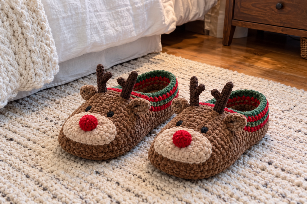 Reindeer crochet slipper pair: brown uppers with tan muzzles, red pompom noses, two short antlers, ears and red-and-green cuffs, on a bedroom rug.