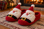 Santa crochet slipper pair: red uppers with black belts and gold buckles, white loop beards and red hats with white pompoms, on a rug by a fireplace.