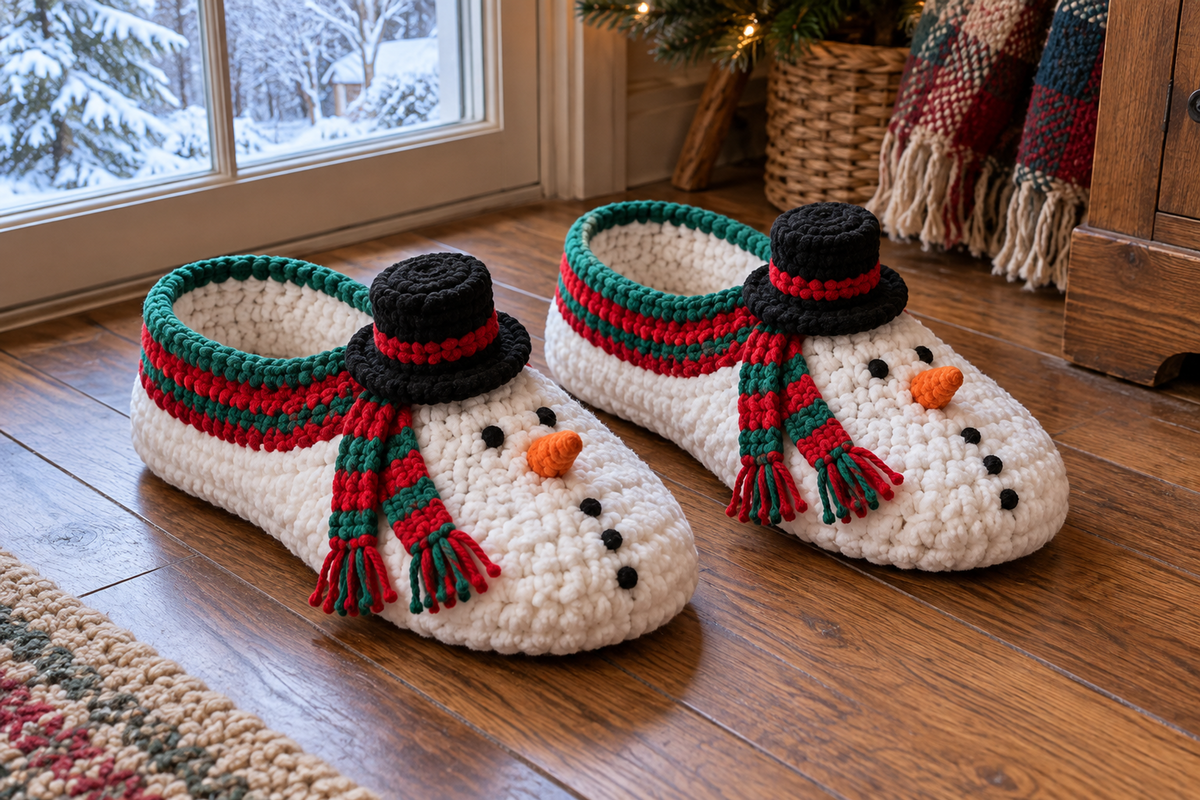 Snowman crochet slipper pair: white uppers with black top hats, carrot noses, coal-dot buttons and striped scarf cuffs with fringed tails, by a snowy window.