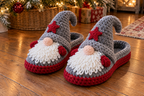 Star Gnome crochet slipper pair: grey uppers with curled cones, red stars, white loop beards, peach noses and red mittens on a red sole band.