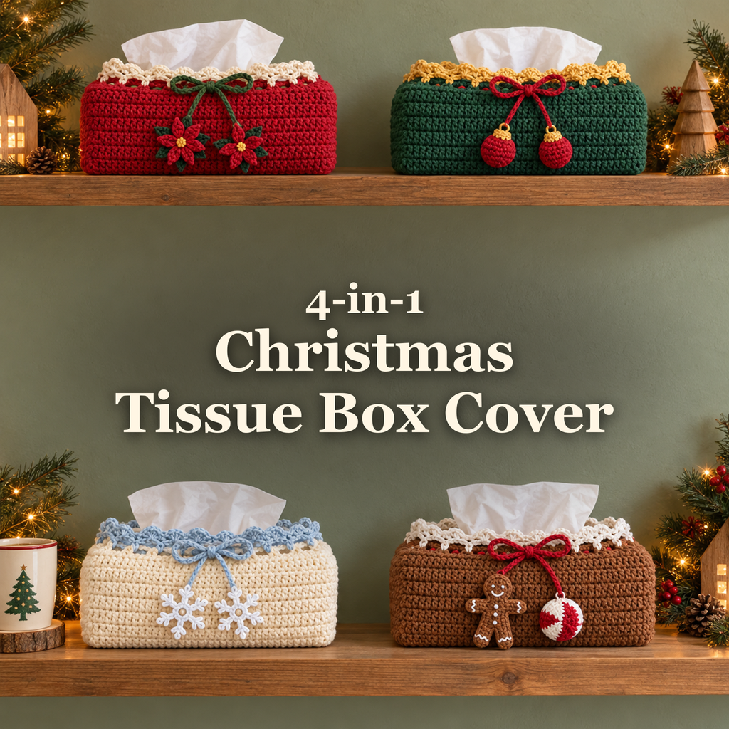 Four Christmas crochet tissue box covers on wooden shelves with the title 4-in-1 Christmas Tissue Box Cover.