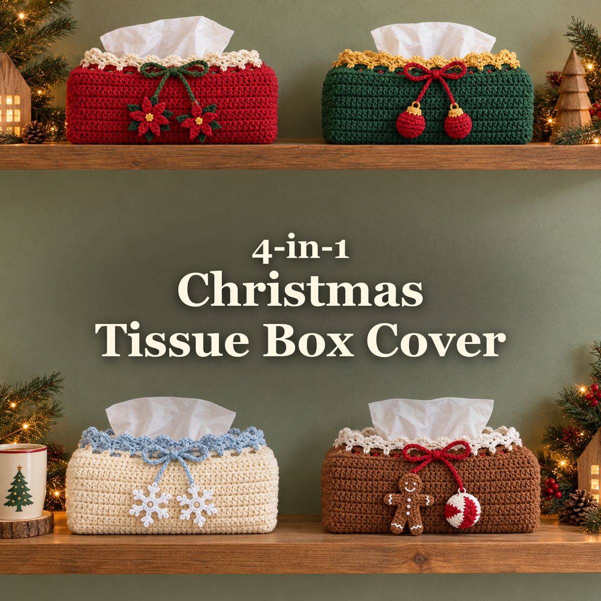 Four Christmas crochet tissue box covers on wooden shelves with the title 4-in-1 Christmas Tissue Box Cover.
