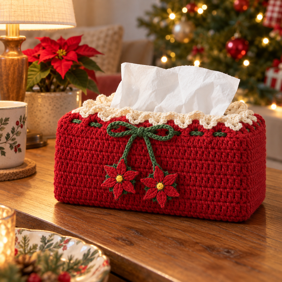 Red crochet tissue box cover with cream lace, a green bow and two red pointed poinsettias beside a lamp and potted poinsettia.