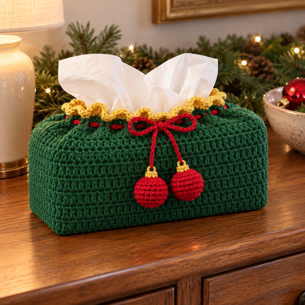 Forest-green crochet tissue box cover with gold lace, a red bow and two red baubles with gold caps on a Christmas entry console.