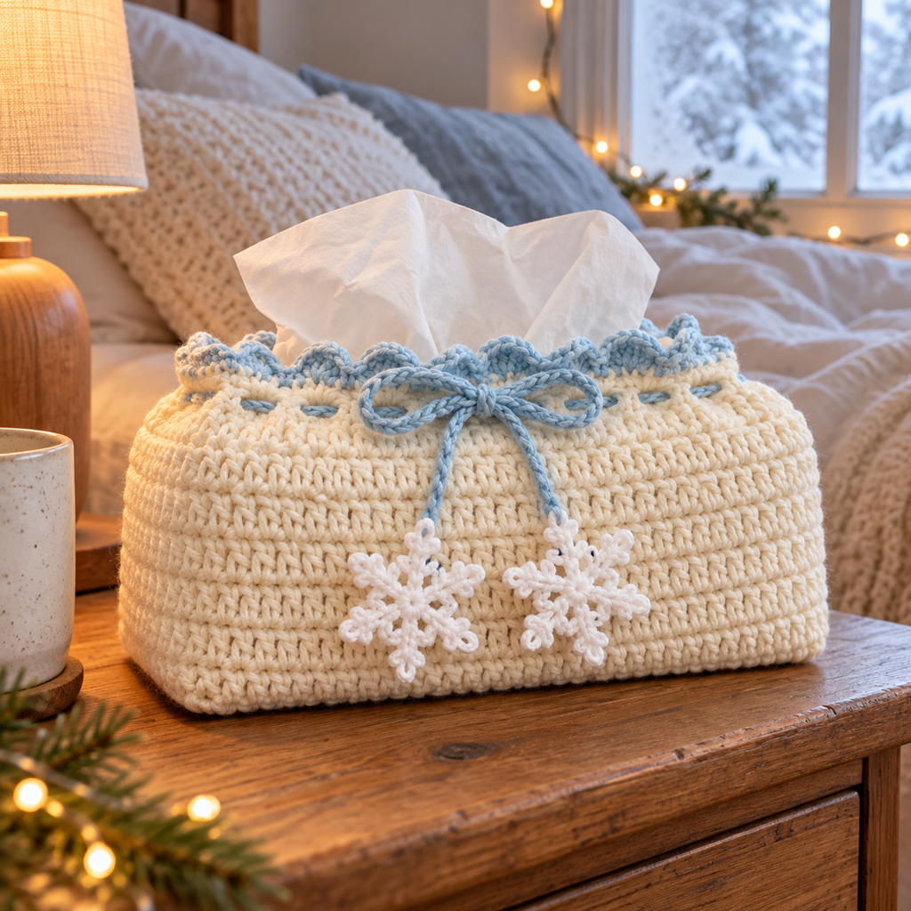 Cream crochet tissue box cover with icy-blue lace, a light-blue bow and two white snowflakes beside a frosty bedroom window.