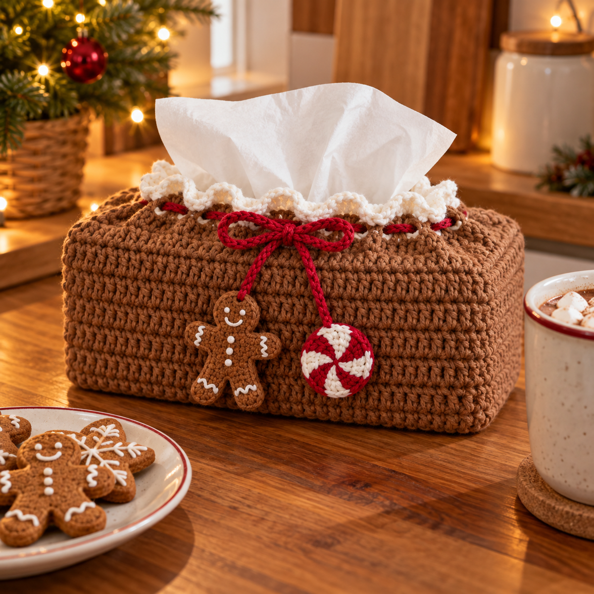 Brown crochet tissue box cover with white lace, a red bow, a gingerbread man and peppermint ornament beside cookies and cocoa.