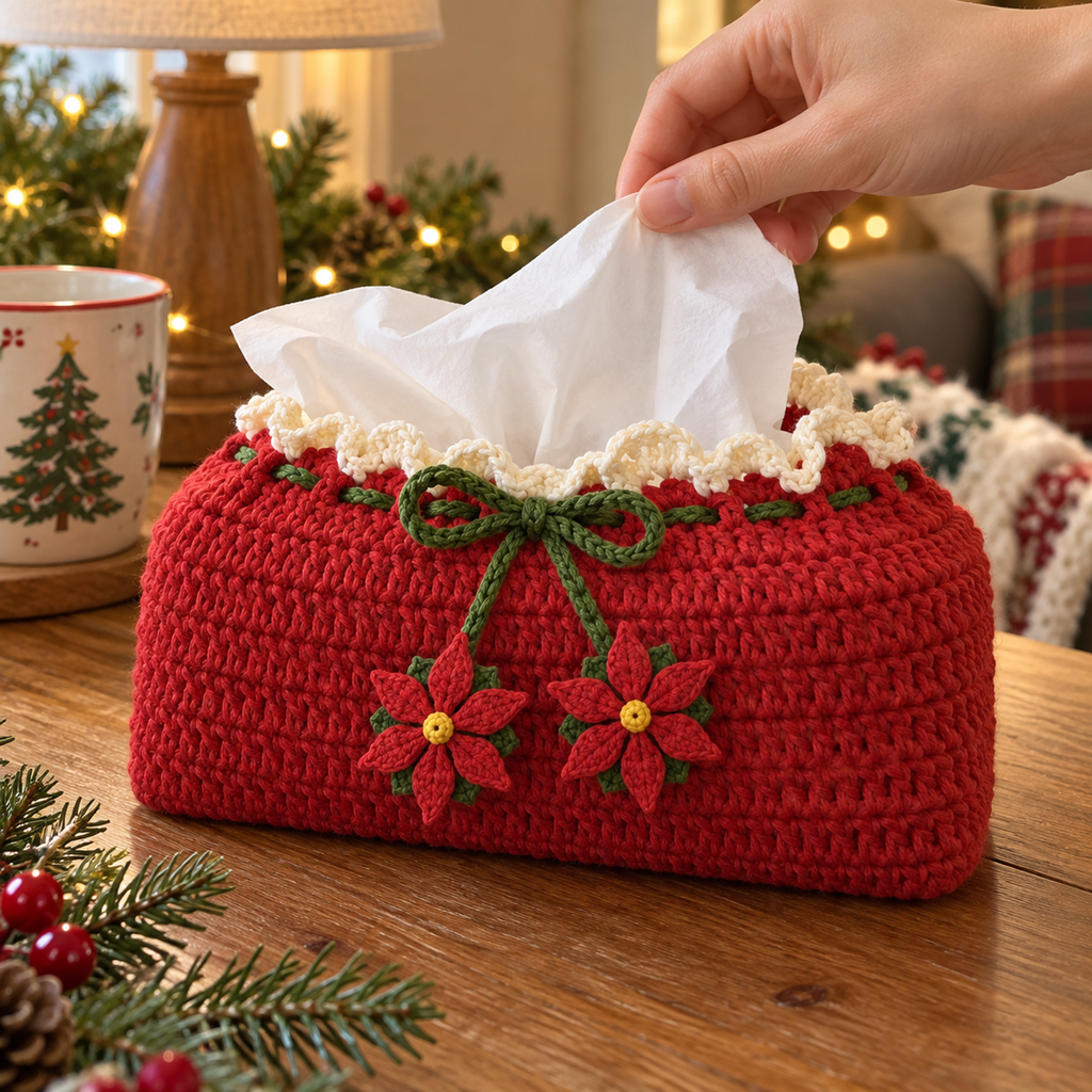 An adult hand pulls a white tissue from a red crochet cover, showing cream lace, green cord through red eyelets and two pointed flower ornaments.