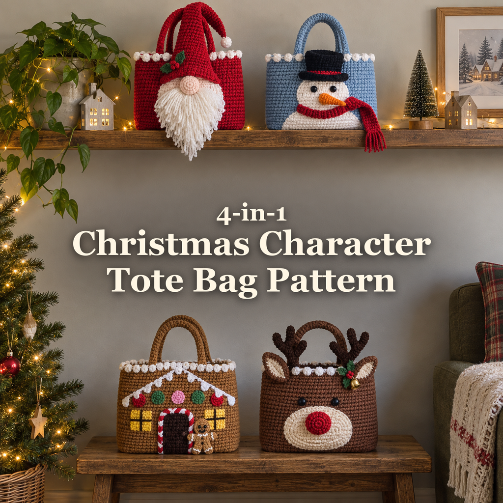 Four Christmas character crochet totes in a living room with the title 4-in-1 Christmas Character Tote Bag Pattern.