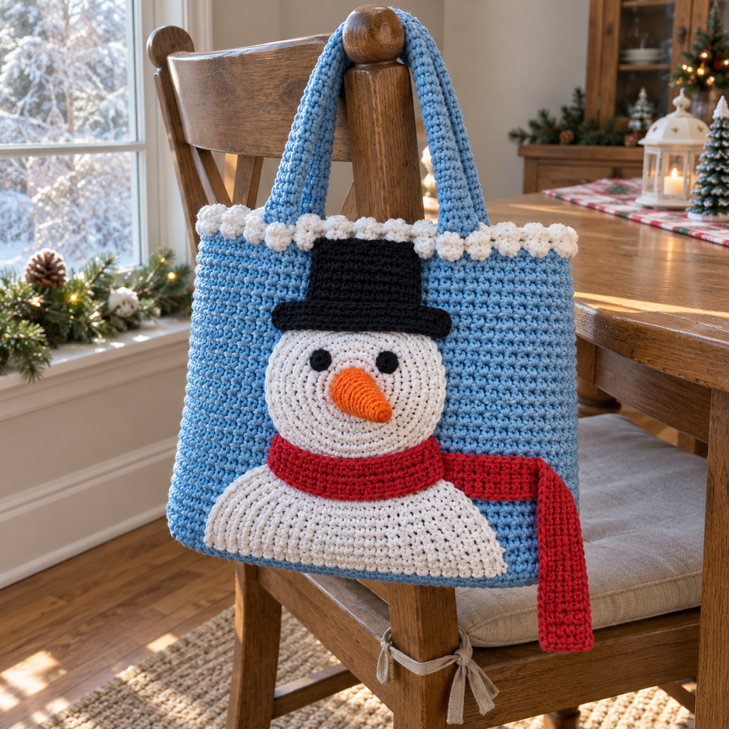 An icy-blue snowman crochet tote hangs from a wooden chair beside a frosty window, with a projecting carrot nose and a red scarf tail over its right side.