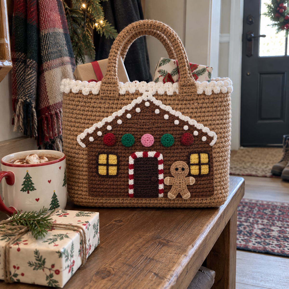 A caramel crochet tote with a gingerbread house front rests on a hallway bench beside cocoa and wrapped gifts, with small gifts peeking above its snowy rim.