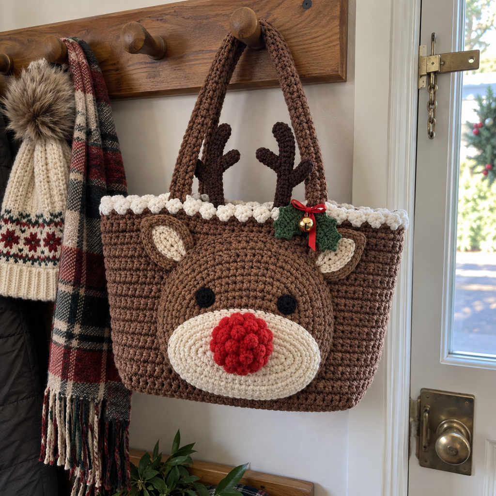 A chestnut reindeer crochet tote hangs beside a scarf and knitted hat, showing a cream muzzle, red bobble nose, branched antlers and a small gold bell.