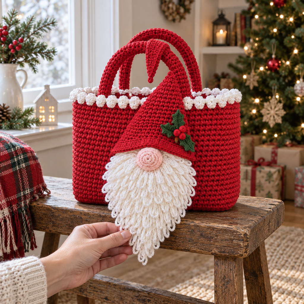 An adult hand lifts the lower white looped beard of a red gnome crochet tote on a wooden bench, with two red handles, a floppy red hat, a pink nose and a white bobble rim.