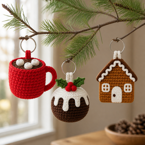The three crochet Christmas treat ornaments hanging from a pine branch