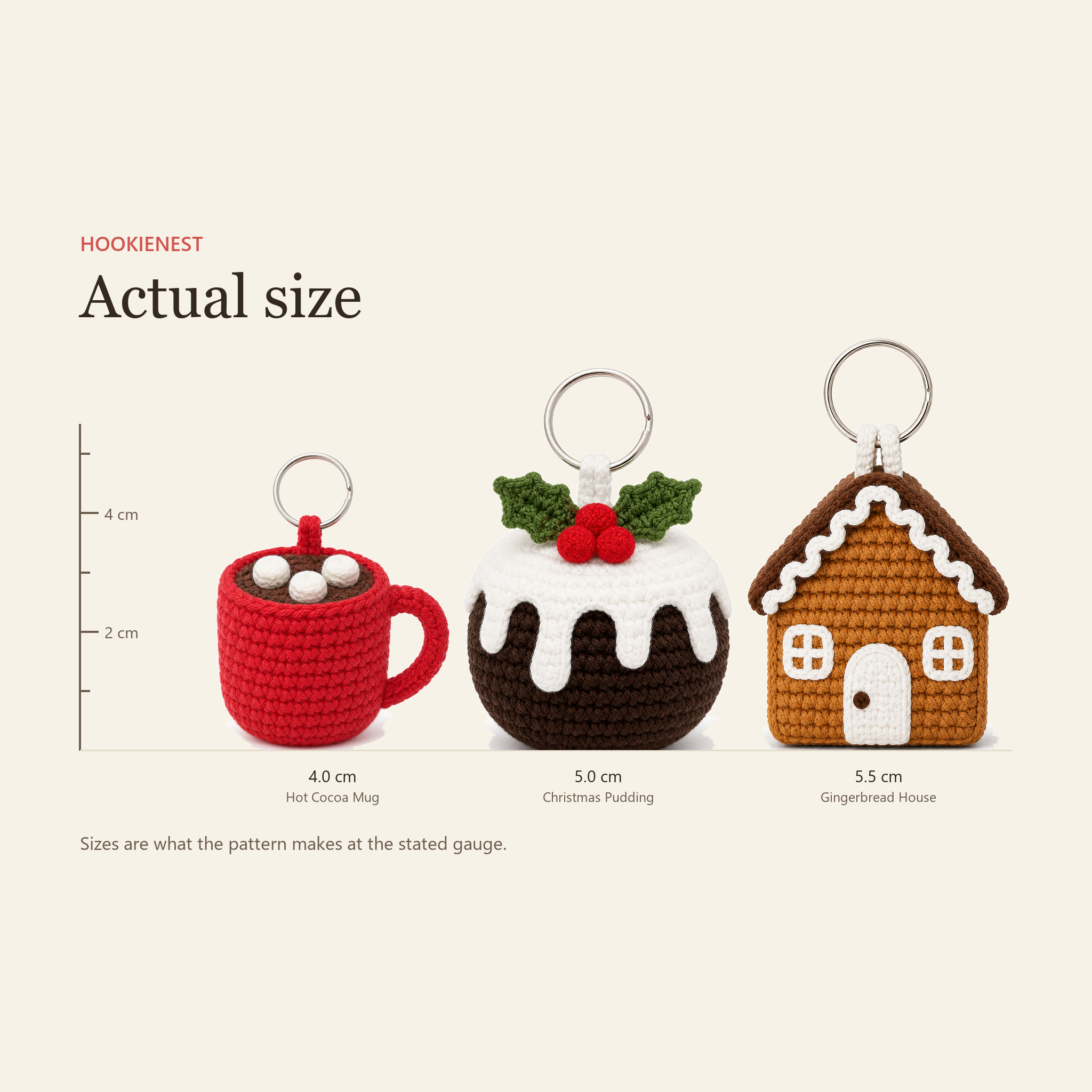 Actual size chart: hot cocoa mug 4.0 cm, Christmas pudding 5.0 cm, gingerbread house 5.5 cm