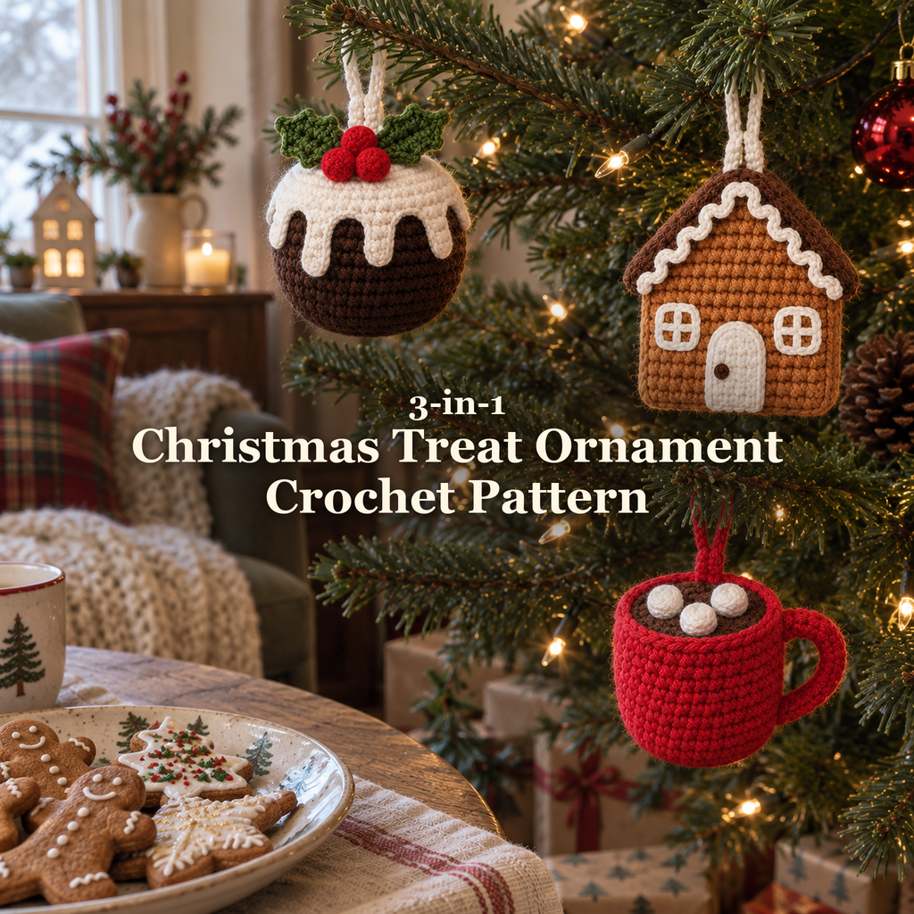Christmas pudding, gingerbread house and red hot cocoa crochet ornaments hanging on a lit Christmas tree beside a plate of cookies, with the title 3-in-1 Christmas Treat Ornament Crochet Pattern.