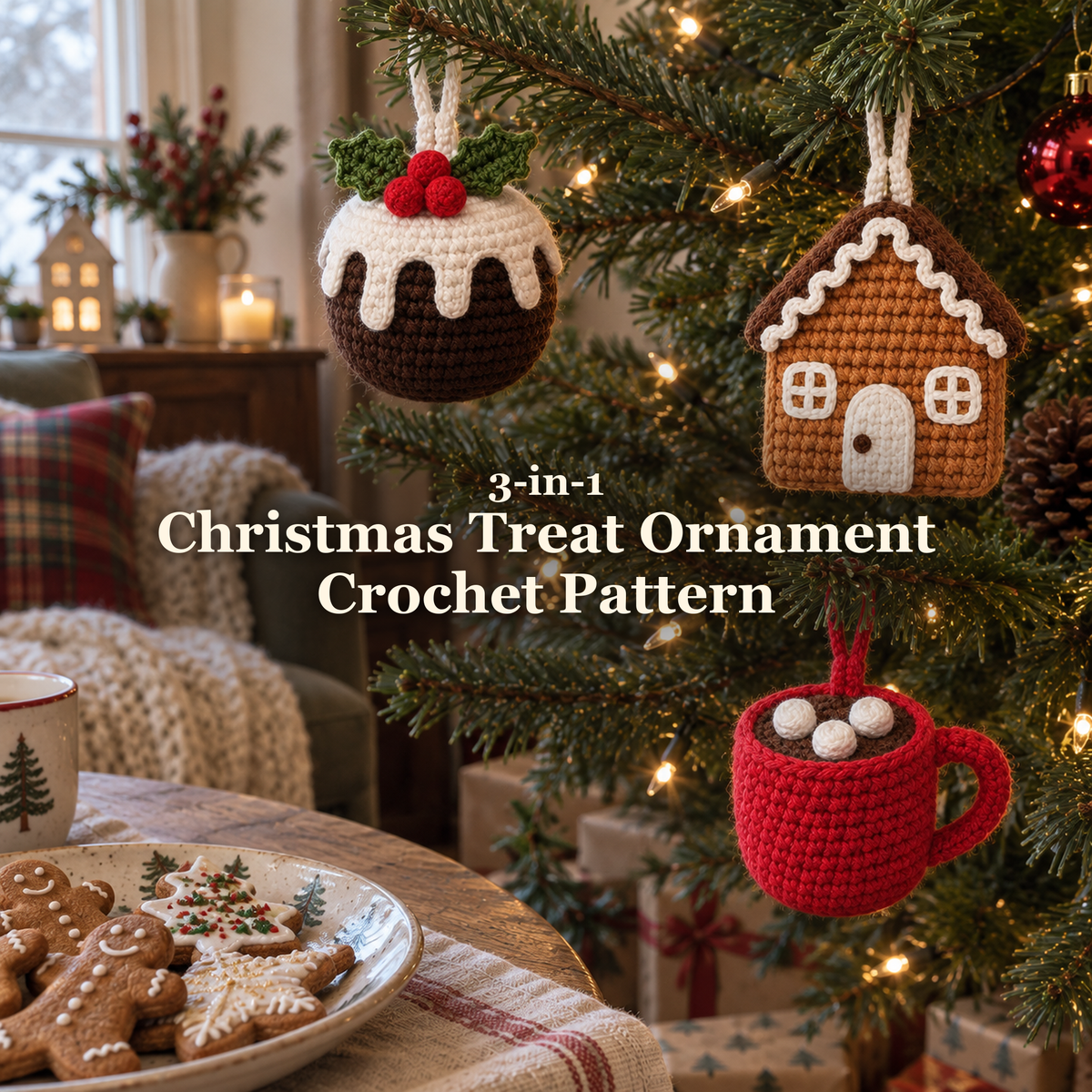 Christmas pudding, gingerbread house and red hot cocoa crochet ornaments hanging on a lit Christmas tree beside a plate of cookies, with the title 3-in-1 Christmas Treat Ornament Crochet Pattern.