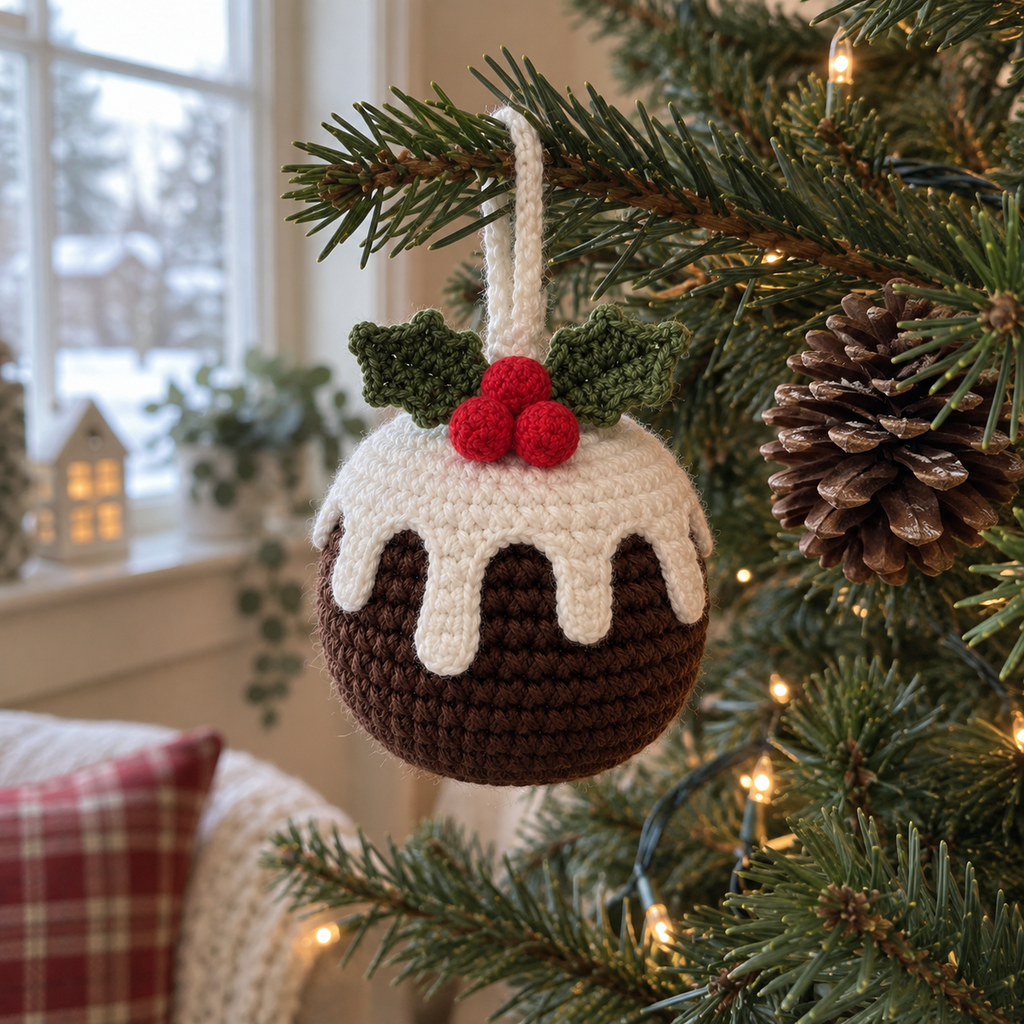 Brown Christmas pudding crochet ornament with white icing, green holly leaves and red berries hanging from a pine branch beside a pinecone.