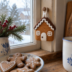 Golden-brown gingerbread house crochet ornament with white icing, windows and a door hanging in a kitchen window above gingerbread cookies on the sill.