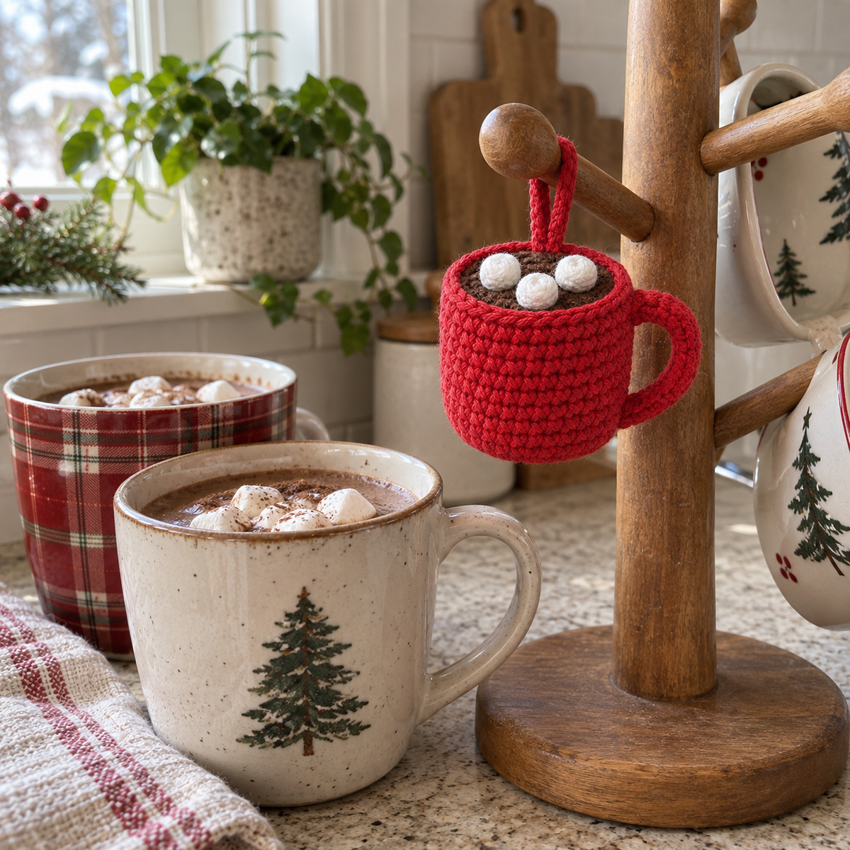 Red hot cocoa crochet mug ornament with white marshmallows hanging from a wooden mug tree beside ceramic mugs filled with cocoa.