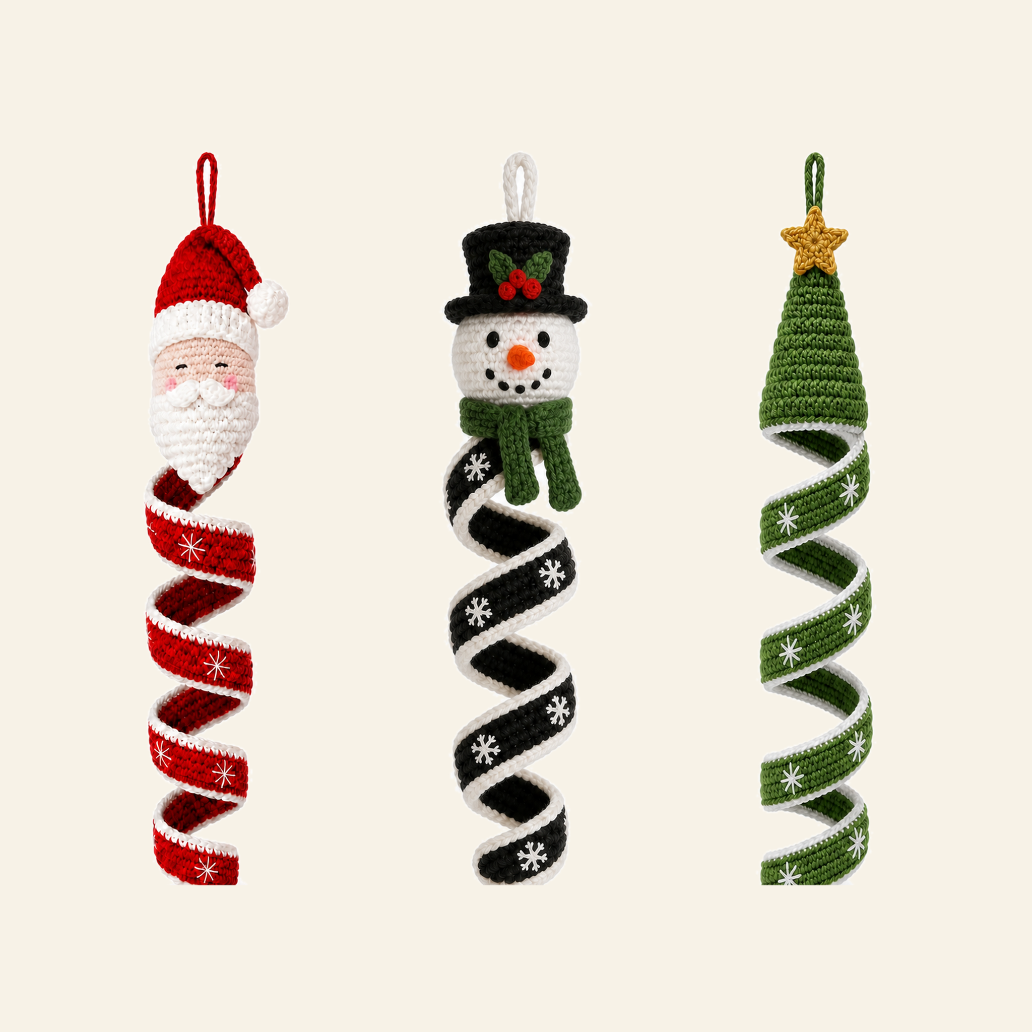 All three Christmas wind spinners in a row - a snowman in a top hat, a fir tree under a gold star and a bearded santa, each on its own crocheted corkscrew