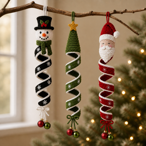 The three crochet Christmas wind spinners hanging from a bare branch with ribbon bows and baubles, pine and warm lights behind them