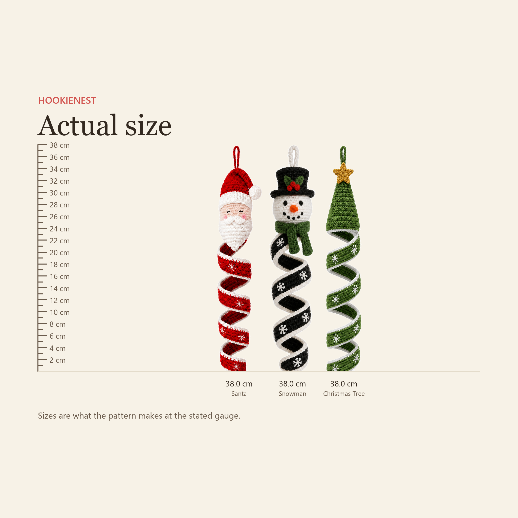 Size guide against a ruler - all three Christmas wind spinners finish at about 38 cm