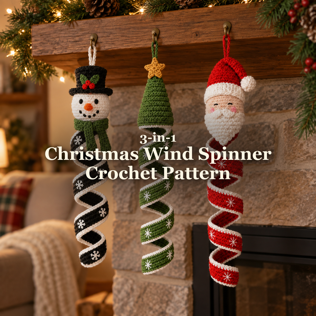 Snowman, Christmas tree and Santa crochet wind spinners hanging beneath a wooden mantel with evergreen garland: 3-in-1 Christmas Wind Spinner Crochet Pattern