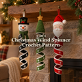 Snowman, Christmas tree and Santa crochet wind spinners hanging beneath a wooden mantel with evergreen garland: 3-in-1 Christmas Wind Spinner Crochet Pattern