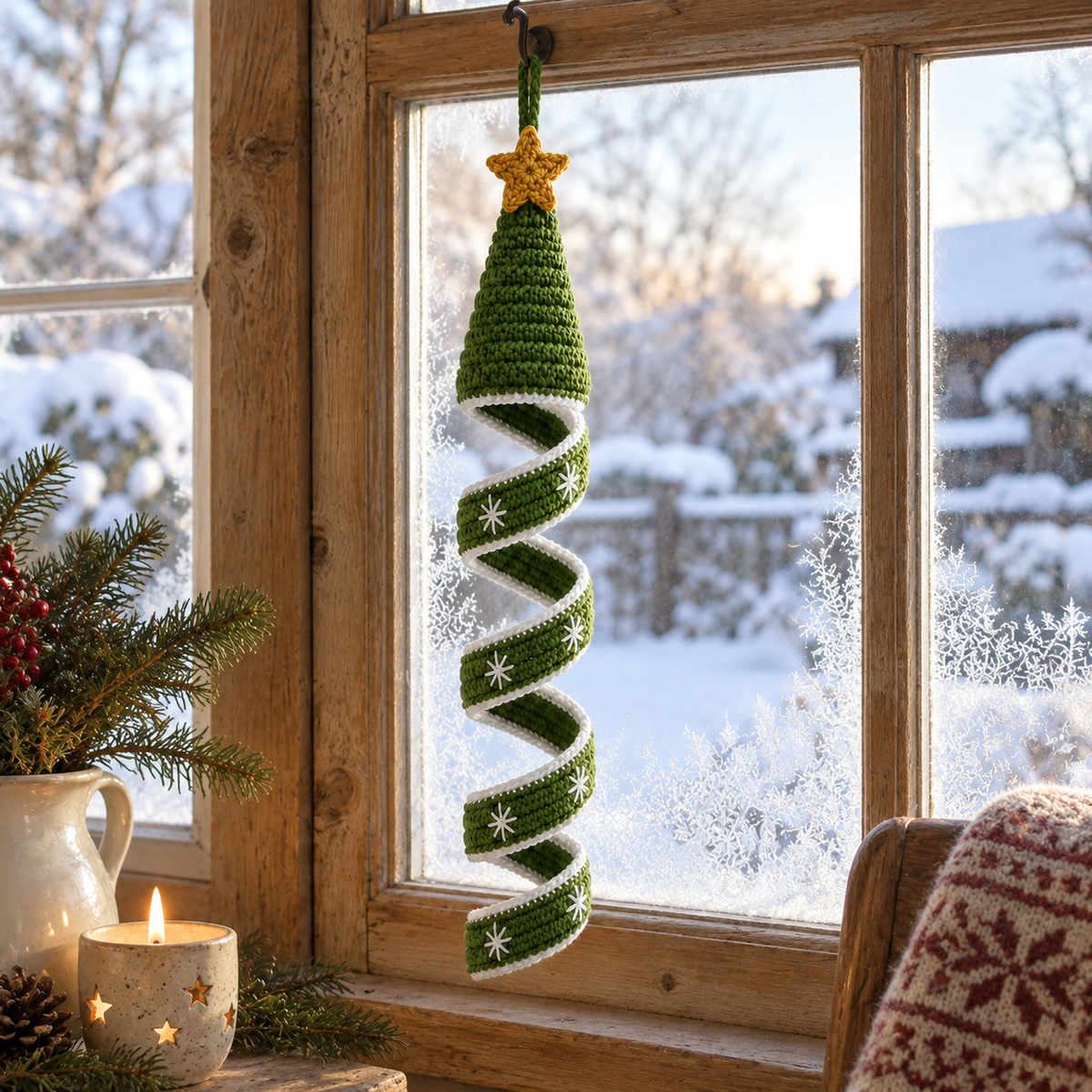 A green Christmas tree crochet wind spinner with a gold star and white-edged spiral hanging in a frosty wooden window