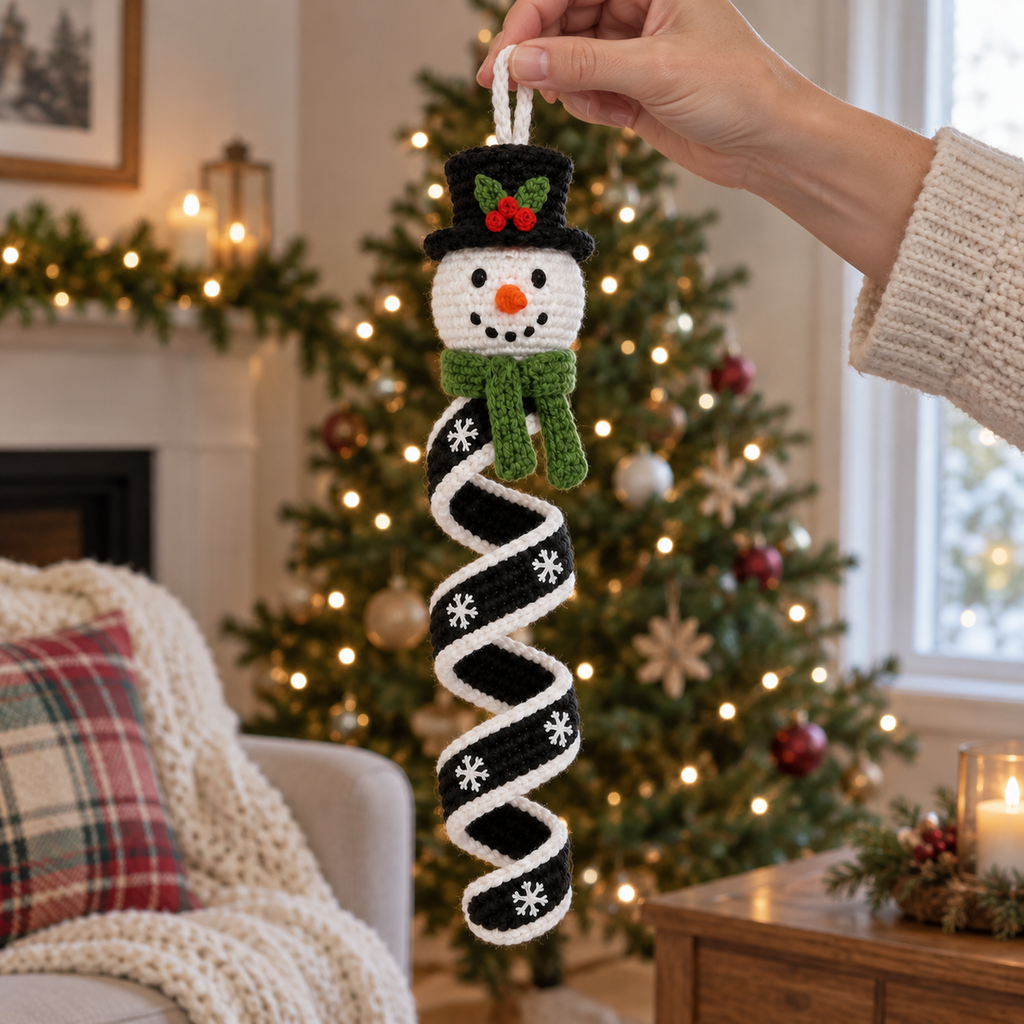 An adult hand holding a finished snowman crochet wind spinner by its white loop in a Christmas living room