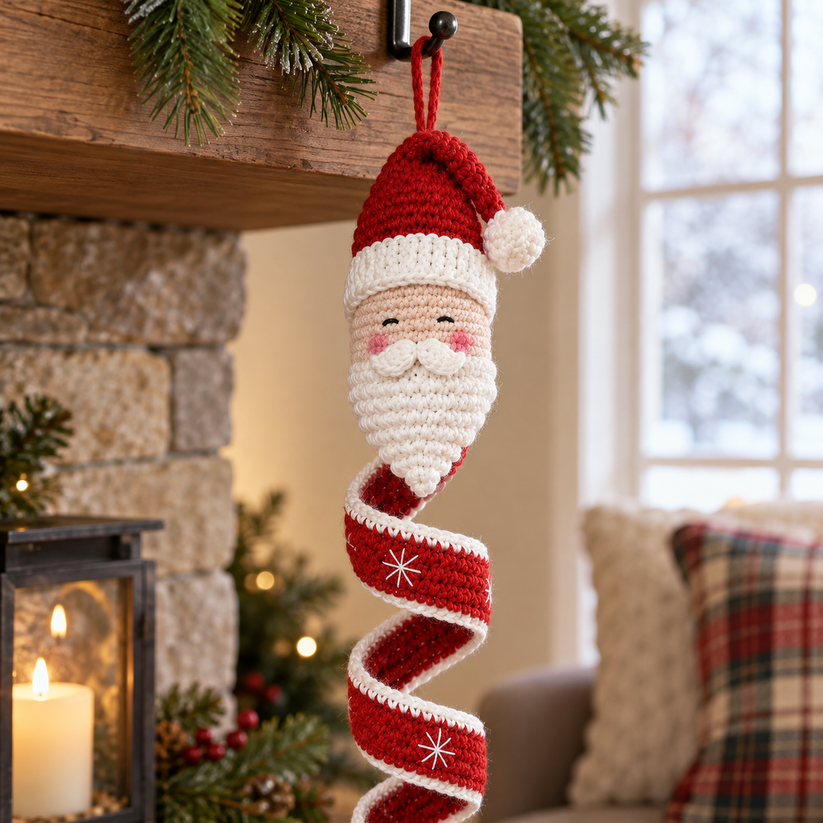 A close view of Santa's crochet face, hat, beard and the first red spiral turn with a white embroidered snowflake